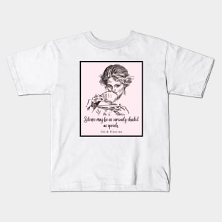 Drinking tea illustration with Edith Wharton quote: Silence may be as variously shaded as speech Kids T-Shirt